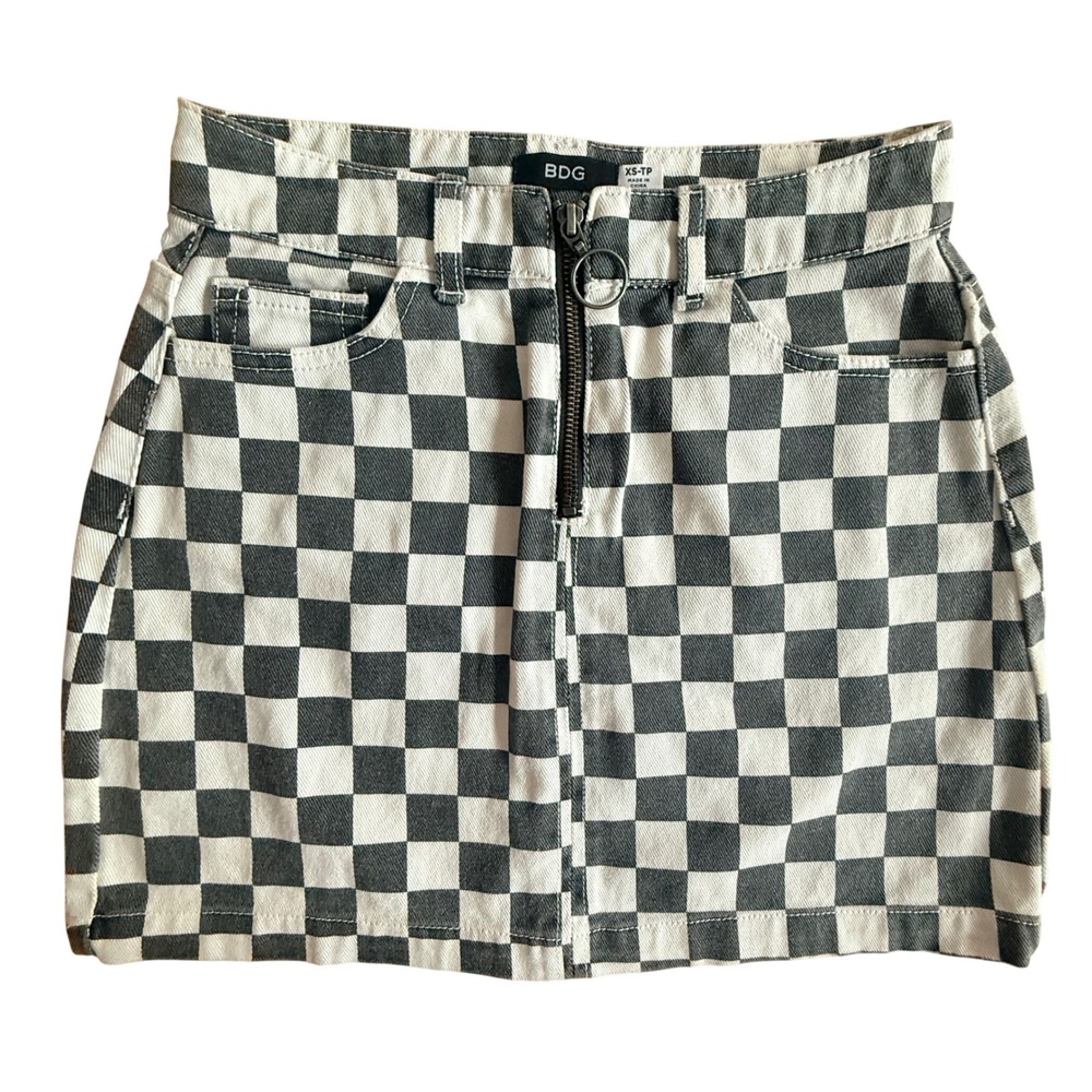 BDG Urban Outfitters Black White Checkerboard Denim Mini Skirt XS Exposed Zip